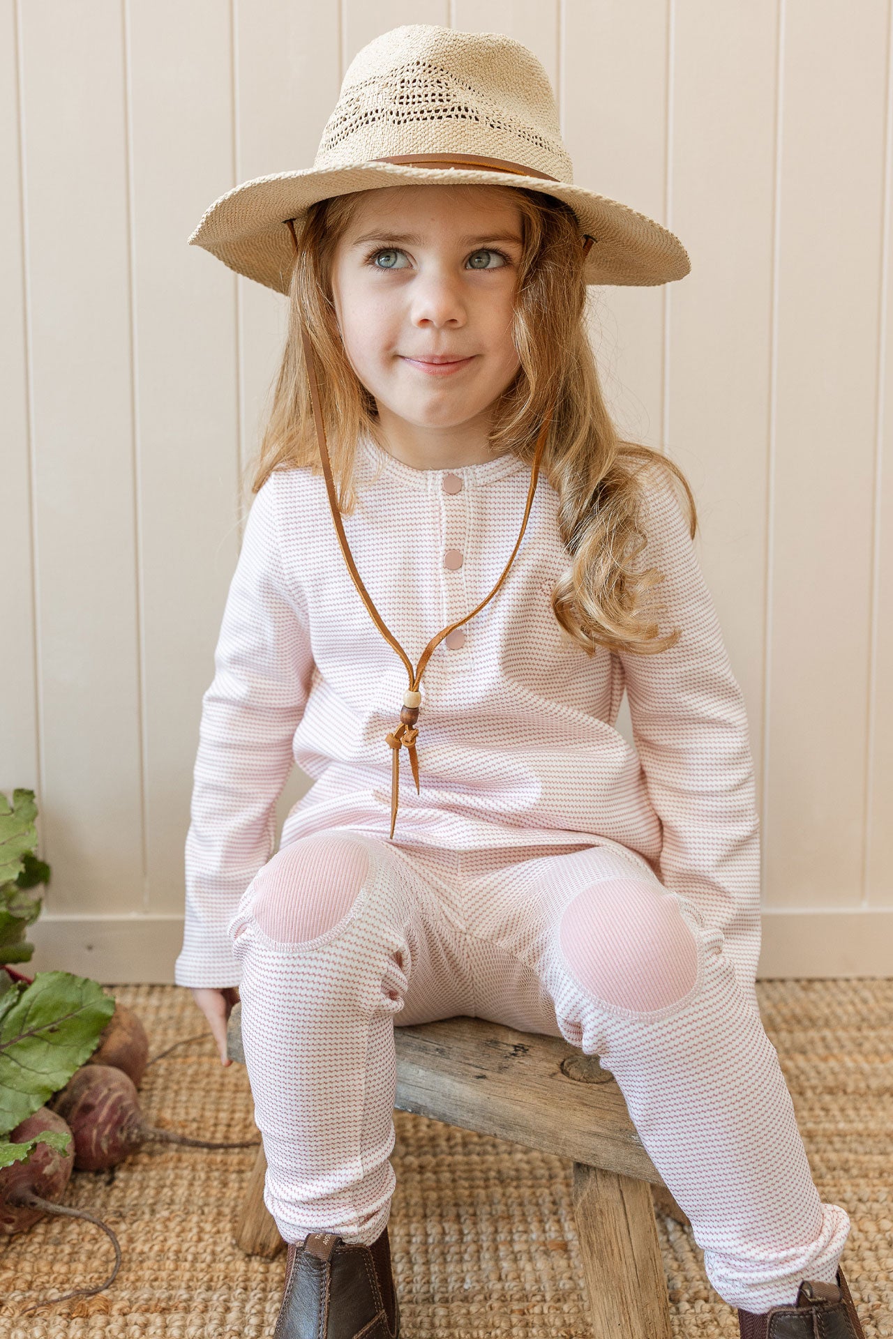 Long Sleeved Henley Top Trellis Pink